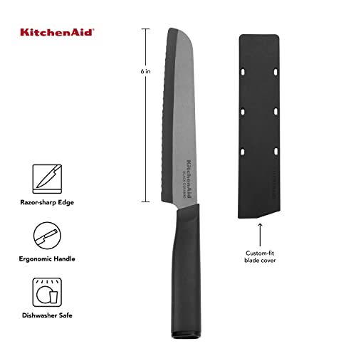 Kitchenaid Classic Ceramic Serrated Bread Knife With Custom-Fit Blade Cover, Sharp Kitchen Knife, Dishwasher-Safe, 8-Inch, Black #TOP5