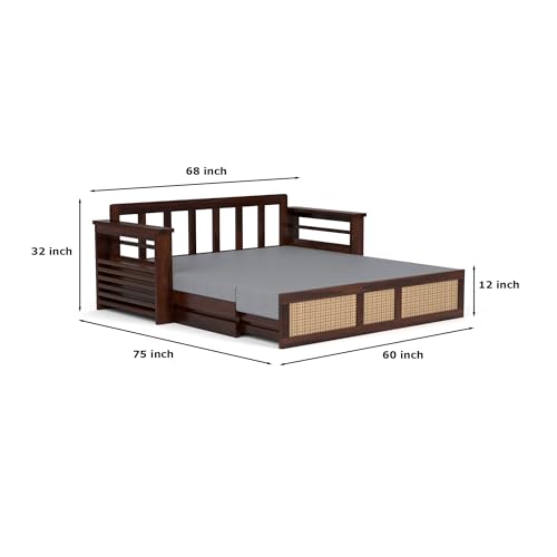 Image of Mamta Furniture Sheesham Wood Sofa Cum Bed with Storage Rattan Cane Design Wooden Sofa Set for Living Room Bedroom 3 Seater Convertible Sofa Bed in Walnut Finish