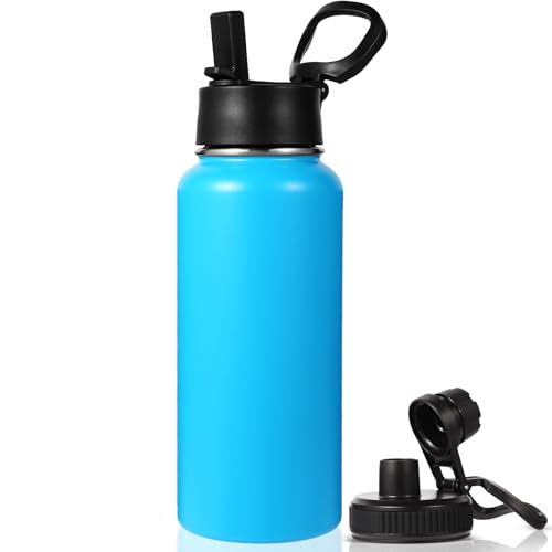 Neihepal 32 oz Insulated Water Bottle with 2 Lids (Straw & Spout Lid), 18/8 Stainless Steel Double Wall Water Bottles for Gym, Travel, Camping, Sports (Bule,1 Pack)