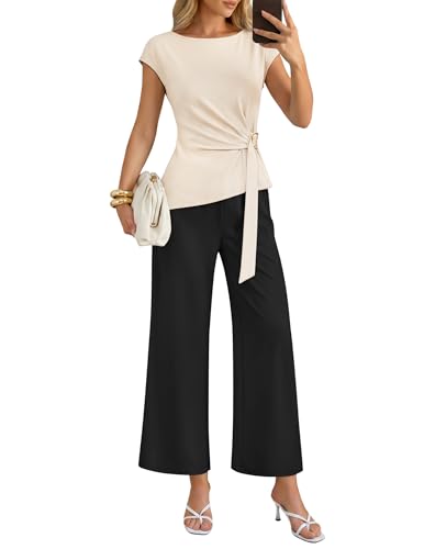 ZESICA Womens 2026 Summer 2 Piece Outfit Sets Casual Short Sleeve Knit Belted Tops and Wide Leg Pants Work Office Clothes Apricot Medium
