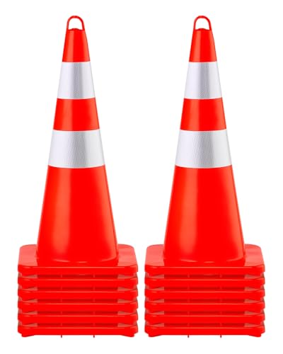 VEVOR Safety Cones, 12 x 28' Traffic Cones, PVC Orange Construction Cones, 2 Reflective Collars Traffic Cones with Weighted Base and Hand-Held Ring Used for Traffic Control, Driveway Road Parking