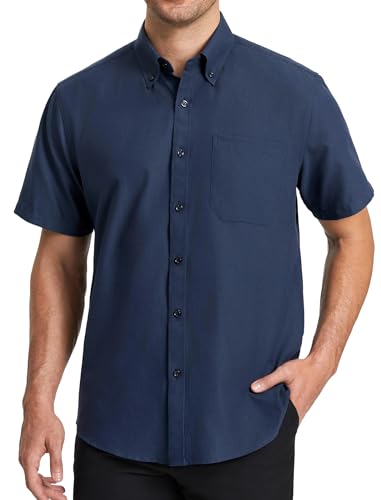 HISDERN Herren Kurzarm Hemd Oxford Marineblau Kleiderhemd Casual Bügelfrei Freizeithemden Für Herren Baumwolle Business Sommer Hemd Regular Fit, XL