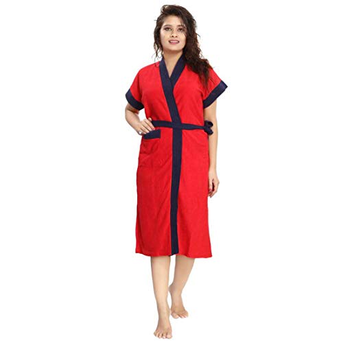 Image of bathrobes terry cotton free size bathrobe for women, bathsuit fit up to 42 inches chest size ladies - Navy Red bathrobe