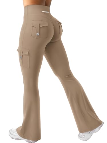 YEOREO CoreFlex - Leggings para mujer con 4 bolsillos, invisibles, para deporte, cintura alta, para entrenamiento, sin costuras, push up, opacos, para yoga, gimnasio, marrón claro, L