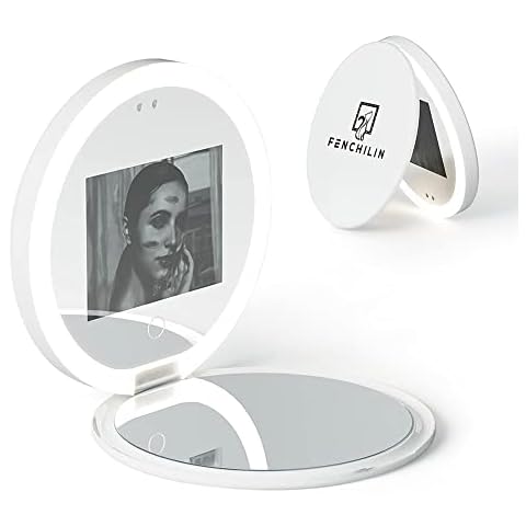 FENCHILIN Compact Mirror with UV Camera for Sunscreen Test, Portable Travel Mirror for Sun Protection Lighted Makeup Mirror 2X Magnification Pocket Mirror for Handbag Cover