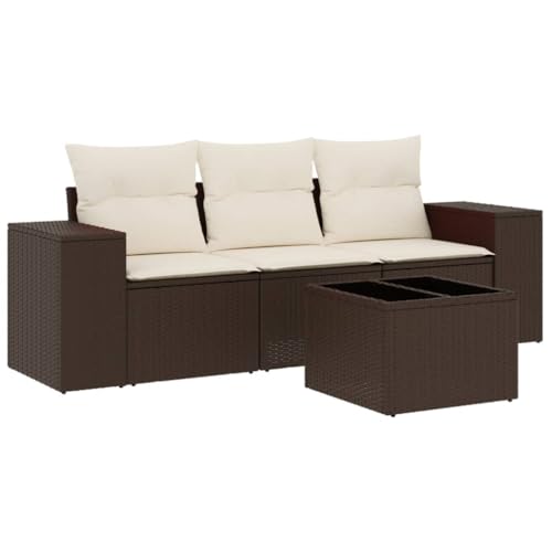 vidaXL Garten Sofa Garnitur 4-TLG., Gartenmöbel Set mit Kissen, Sitzgruppe für Garten Terrasse, Modular Gartensofa Lounge Tisch, Braun Poly Rattan