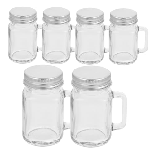 iplusmile 6 Piezas Mini Copa de Masón gafas para beber tarros de albañil con asas jarras para beber Mini Mason Jars frascos con tapas de madera frascos de vidrio para condimentos Transparent