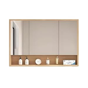 CARTMAミラーキャビネット 洗面化粧台 木製 照明付き 薬キャビネット 薄型 厚さ12cm 大容量ロッカー LEDライトとミラー付き 曇り止め 壁掛け鏡 扉付き タオル掛け付き 吊り戸棚 洗面所 壁面収納 多機能バスルーム 浴室収...