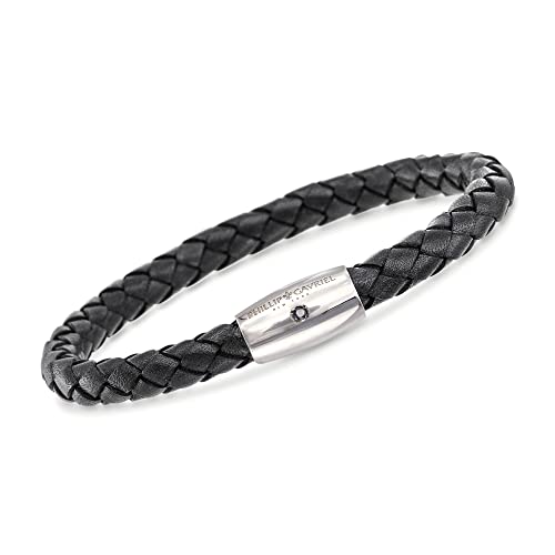 Ross-Simons Phillip Gavriel Men's Black Leather Bracelet With Sapphire Accent and Sterling Silver. 8 inches