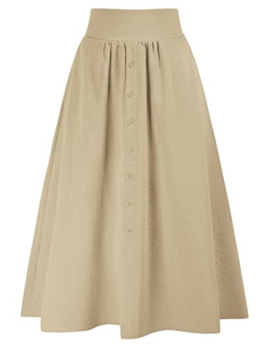 Kate Kasin Women High Waisted Midi Skirts Casual Pleated Solid Color A Line Skirts With Pockets Khaki S thumb #4