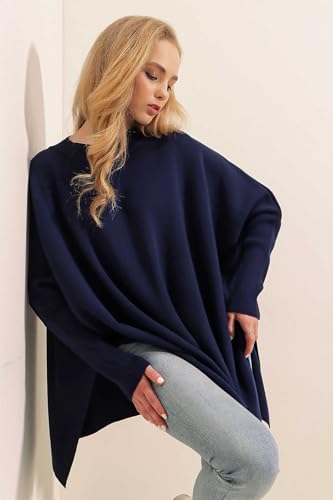 Image of Women's Crew Neck Batwing Sleeve Split Hem Oversized Knit Poncho Sweater