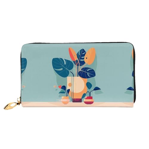 Long Wallet for Women & Men, Blue Orange Turtleback Bamboo Print Leather Bifold Wallet Clutch Purse, for Credit Card Coin Receipts