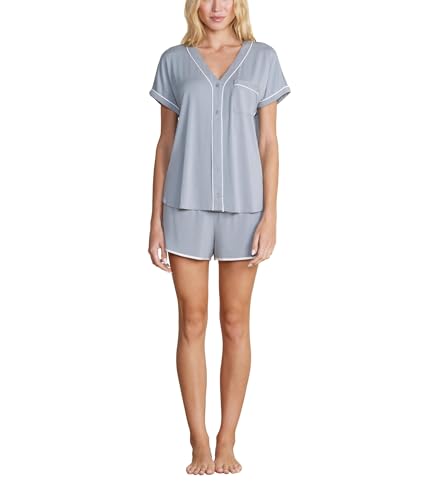 Barefoot Dreams Womens Malibu Collection Soft Jersey Piped Lounge Set Moonbeam/White L