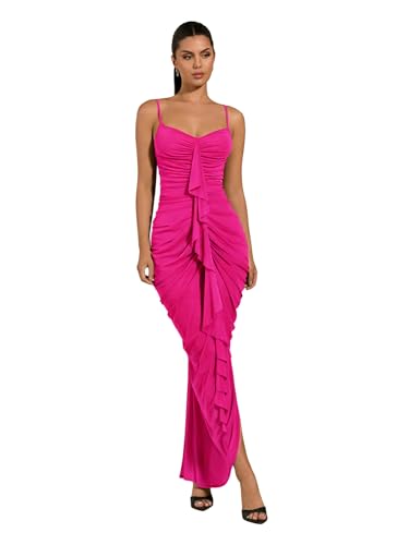 Floerns Women's Ruffle Ruched Cami Dress Draped Split Elegant Bodycon Maxi Dresses Hot Pink Medium