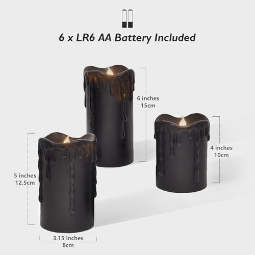 Image of Rhytsing Set of 3 Black Flameless Pillar Candles Real Wax Dripping Design, Battery Operated Led Candles with Timer for Halloween, 6 Batteries Included