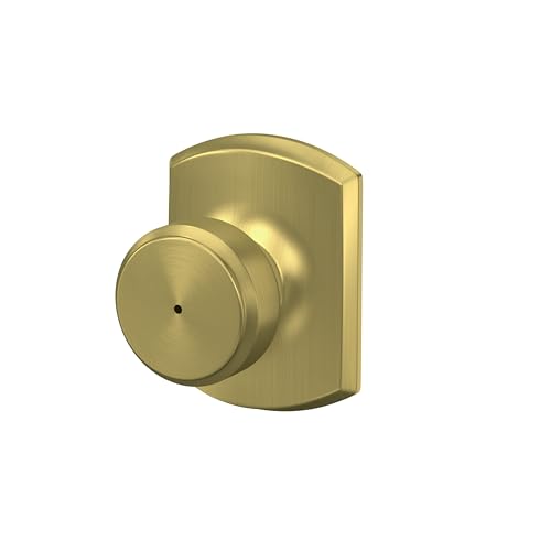 Image of SCHLAGE Bowery Bed /Bath Privacy Door Handle with Lock, Satin Brass | Interior bedroom or bathroom door lever with push button lock, Reversible, Easy install, Certified durability, Universal fit