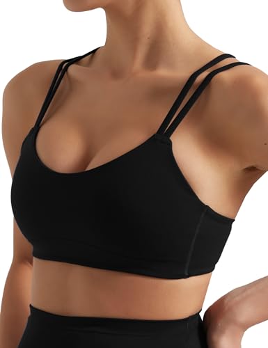 Yoga Sports Workout Bras for Women Seamless Molded Cup Spaghetti Double Strap Bra Wirefree Scoop Neck Tank Top Bras