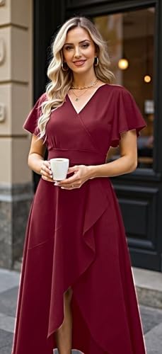 Image of BABYONLINE D.R.E.S.S. Formal Dresses for Women Cocktail Dress Split V Neck Wrap Ruffle Wedding Guest Dress 3089-XIN