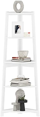 MEETWARM 5 Tier Corner Bookshelf Corner Ladder Shelf Small Bookcase Display Storage Organizer Stand Rack for Living Room Home Office and Kitchen (White)