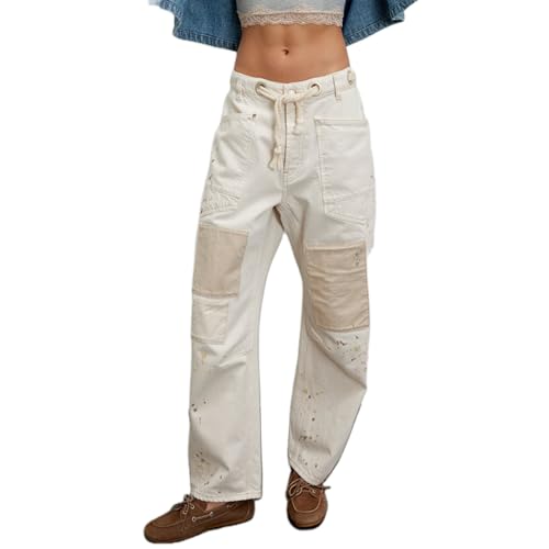 Baggy Barrel Jeans for Women Y2K Drawstring Wide Leg Boyfriend Denim Ankle Pants with Pockets
