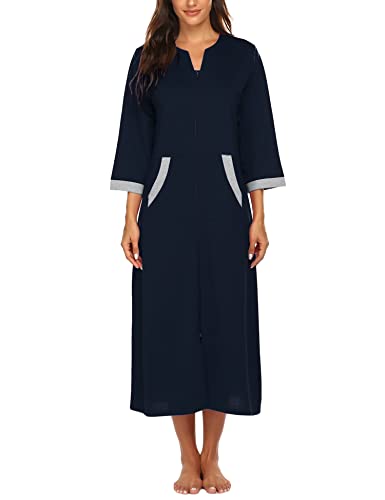 Image of Ekouaer Women Zipper Robe 3 /4 Sleeves Loungewear Dress Full Length Sleepwear Pockets Housecoat Nightgown Long Bathrobe
