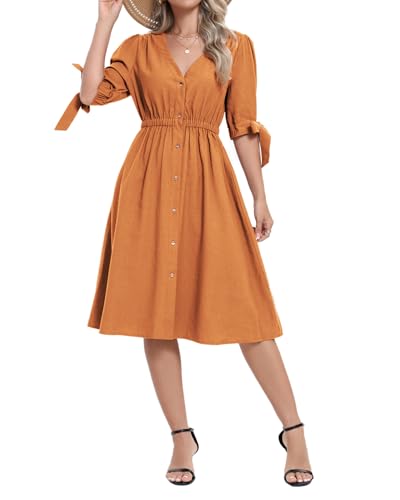 Image of Women Linen Rayon Blend Midi V Neck Button Front Elastic Waist Puff Sleeve Tie Casual Summer Dress