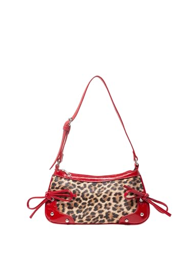 Women's Y2K Leopard Print Studded Shoulder Handbag Zipper Bow Knot Punk Underarm Purses
