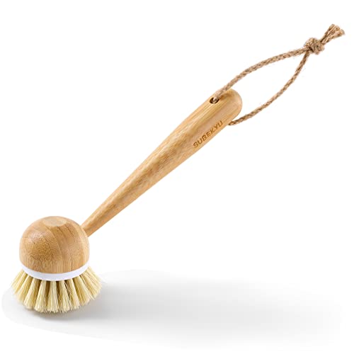 Image of SUBEKYU Dish Brush with Handle, Natural Bamboo Dish Scrubber Brush, Kitchen Dishwashing Brush for Cleaning Dishes /Pans /Pots /Sinks, Sisal Bristles, 2P