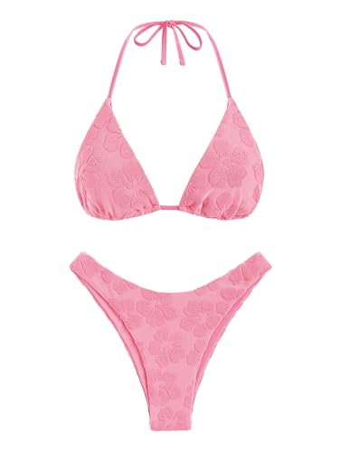 seamoly Women's Bikini Sets Toweling Jacquard Textured Halter Two Piece Swimsuits Open Back Cheeky High Cut Bathing Suit