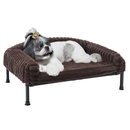 Veehoo Raised Dog Sofa Bed with Removable Bolster, Fluffy Elevated Dogs Bed Washable with Orthopedic Mattress, Dog Cat Sofa Non-Slip Feet for Puppy Kitten, Brown 75 x 50 x 10 cm