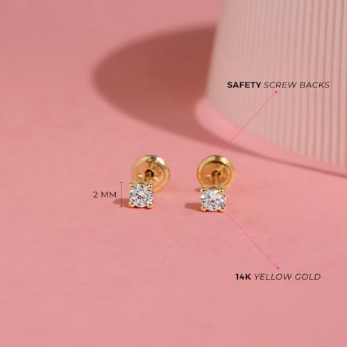 14k Yellow Gold Clear 2,3,5mm Cubic Zirconia Prong Set Screw Back Earrings for Girls - Cute Baby Stud Earrings for Infants & Toddlers - Simulated Birthstone CZ Earrings for Little Girls4
