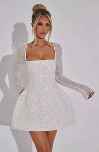 Sparkly Sequin Homecoming Dress for Teens Square Neck Short Corset Long Sleeve Mini Prom Dresses2
