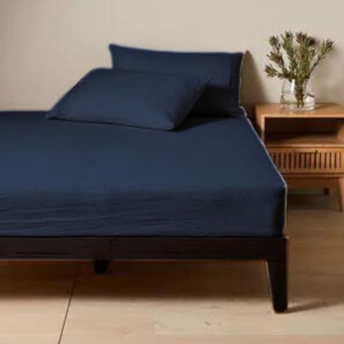 Parure de lit en lin bleu marine pour lit simple 99 x 190 cm drap housse couette