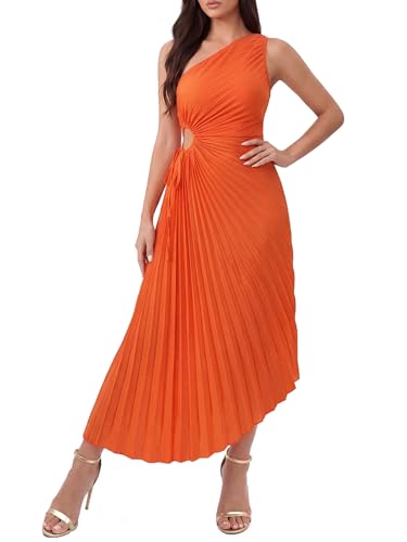 QIANZHIDU Women's One Shoulder Hollow Out Pleated Asymmetrical Hem Sleeveless