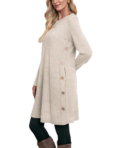 OFEEFAN Fall and Winter Tunic Dress with Pockets Long Sleeve Crew Neck Buttons Side4
