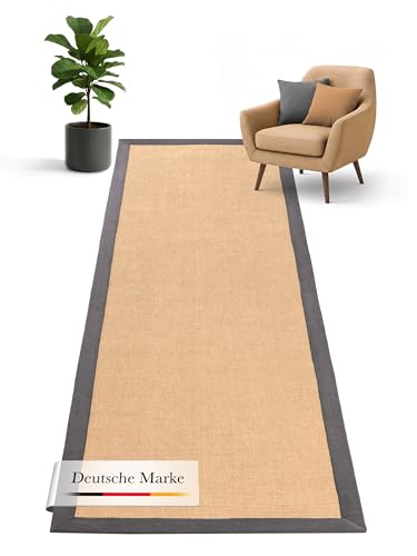 carpetfine Sisalteppich Läufer Naturfarbe 60x180 cm handgewebt mit Bordüre aus Baumwolle in Grau | Rutschfester Flachgewebe Teppichläufer Uni aus Naturfasern für Wohnzimmer, Schlafzimmer