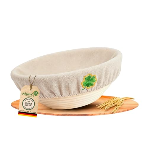 Krümel im Glück® Gärkörbchen rund 23 cm - 100% Natur-Rattan inkl. waschbarem Überzug zum Brot backen, Gärkorb als Backzubehör für Sauerteig Starter Set, Brot backen Zubehör, Brotkorb, 1Kg Teig