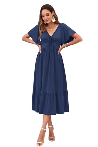 AUSELILY Women's 2025 New Summer Empire Waist Dress Drawstring Pleating Flutter Short Sleeve V Neck Midi Dresses4