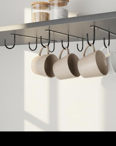 Image of Under Cabinet Mug Hooks - 3PCS Mug Holder Rack with 9 Hooks | Heavy Duty Screw Mount Coffee Cup Organizer | Space Saving Kitchen Storage for Mugs, Cups & Utensils (Black)