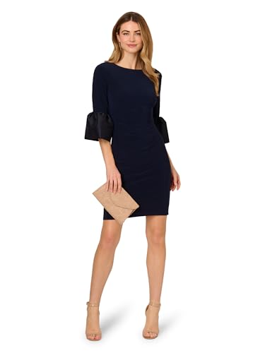 Image of Adrianna Papell Stretch Jersey Side Ruched Dress with Bell Sleeve Detail