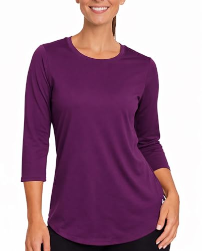 Arctic Cool Womens 3/4 Sleeve Cooling Scoop Neck T-Shirt Sweat-Activated Moisture Wicking Performance Shirt for Hot Weather Travel Outdoor Activity & Everyday Wear Italian Plum XL
