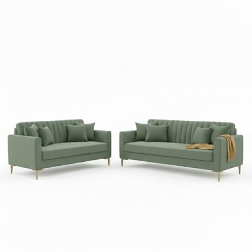 Image of 3+2 Seater Velum Fabric Sofa Set for Living Room, Modern Design with High Density Foam, Solid Wood Frame, Ergonomic Comfortable Seating for Home & Office (Frosty Green, 3+2 Seater) | Soft foam comfort, Strong wood frame