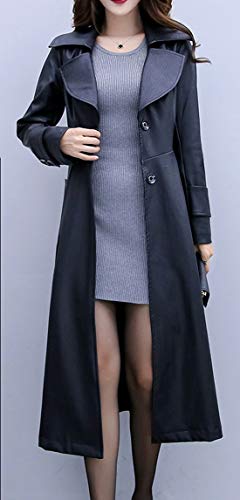 Ebossy Women's Elegant Lapel Collar 2 Button Fit-Flare Pu Leather Long Trench Coat (Medium, Black) #TOP4
