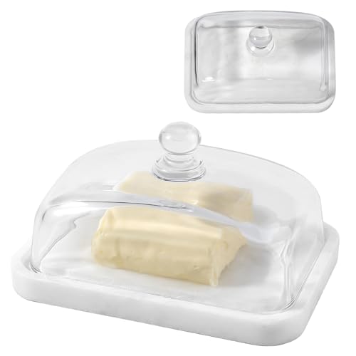 Koville White Marble Butter Dish with Lid for Countertop and Refrigerator Door Shelf, White Marble Butter Keeper, Stone Butter Dish with Lid, Airtight Butter Keeper Container, Dishwasher Safe