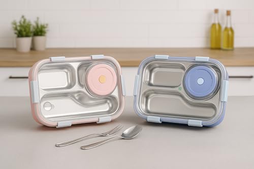 Image of Shark Doo Doo Bento 3 Compartment (Purple with Chutney Box) Stainless Steel Lunch Box with Steel Cutlery Inside | Heating & Water Insulation Design | Leak-Resistant | 750 ML | Office & School