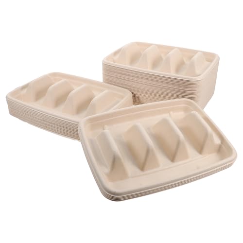 Abaodam 50個 使い捨てパルプ繊維製タコスホルダー 波型トレイ付き 強靭で多用途 スナックや刺身盛りにも パーティー用タコスラック 食事準