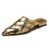ADKGBE Braided Pointed Toe Mules for Women Low Chunky Heel Sexy Backless Block Heel Slingback Summer Loafers Clogs Slide for Party Dress Vacation Casual (Gold,9)
