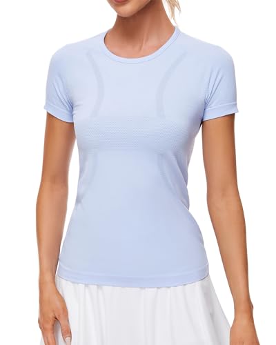 Women Short Sleeve Workout Shirts Crewneck Stretch Yoga Tops Dry Fit Breathable Seamless Athletic T-Shirts Light Blue X-Large