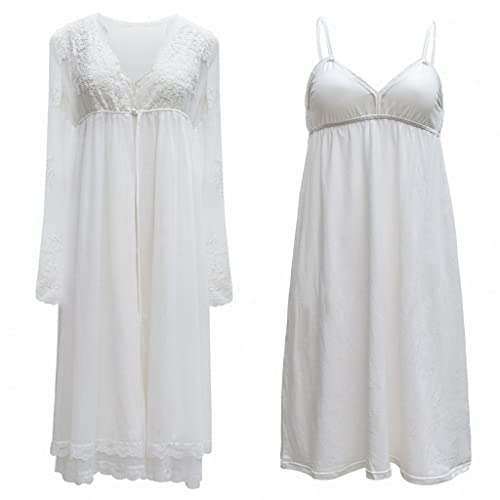 XDAWQP Camisón de algodón Vintage para Mujer, Conjunto de Bata de Malla, Vestido de Encaje Blanco de Hadas, Ropa de Dormir, camisón romántico，White L