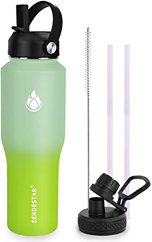 Sendestar Water Bottle 32Oz,2 Lids(Straw Lid),Wide Mouth Stainless Steel Vacuum Insulated Double Wall Keep Liquids Cold Or Hot All Day,Sweat Proof Sport Design,Fit Car Cup Holder(Neon) #TOP14